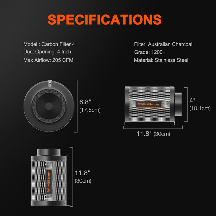Spider Farmer 4 Inch Air Carbon Filter Odor Control for Inline Ducting Fan