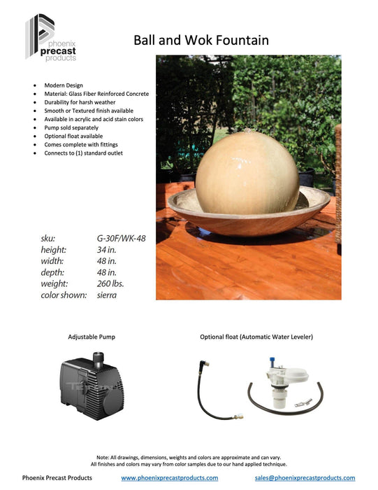 48" Wide Ball and Wok Concrete Outdoor Fountain